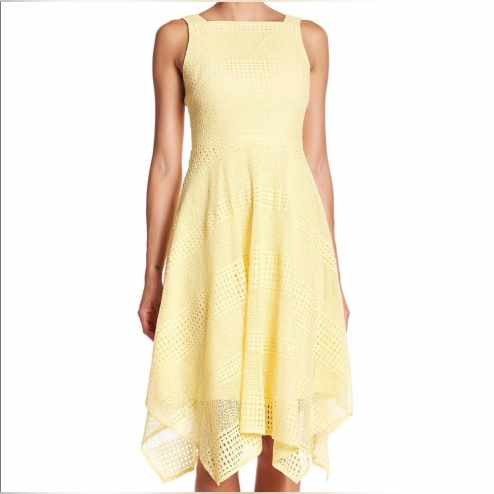 EUC Maggy London Crochet Lace Sharkbite Hem Dress - Yellow - Size 6